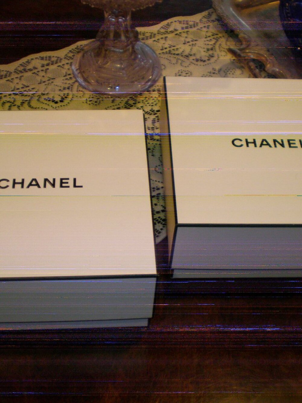 CHANEL GIFT BOXES, A PAIR, WHITE w/BLACK TRIM